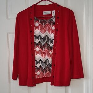 Alfred Dunner Red Cardigan with Patterned Insert Size PM